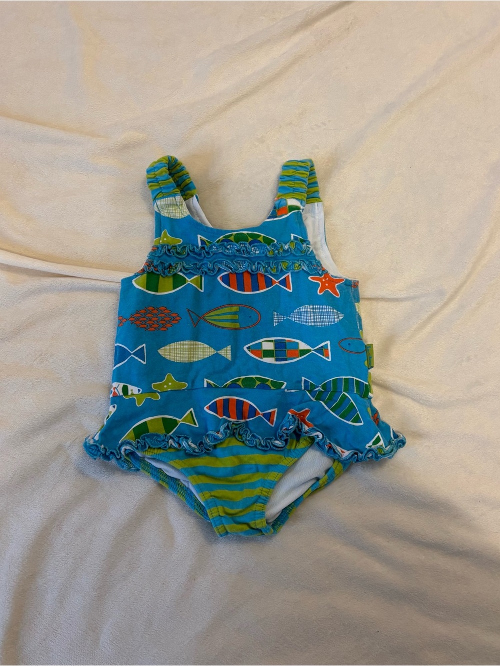 Le Top Blue Fish Print One-Piece Swimsuit with Stripe Accents